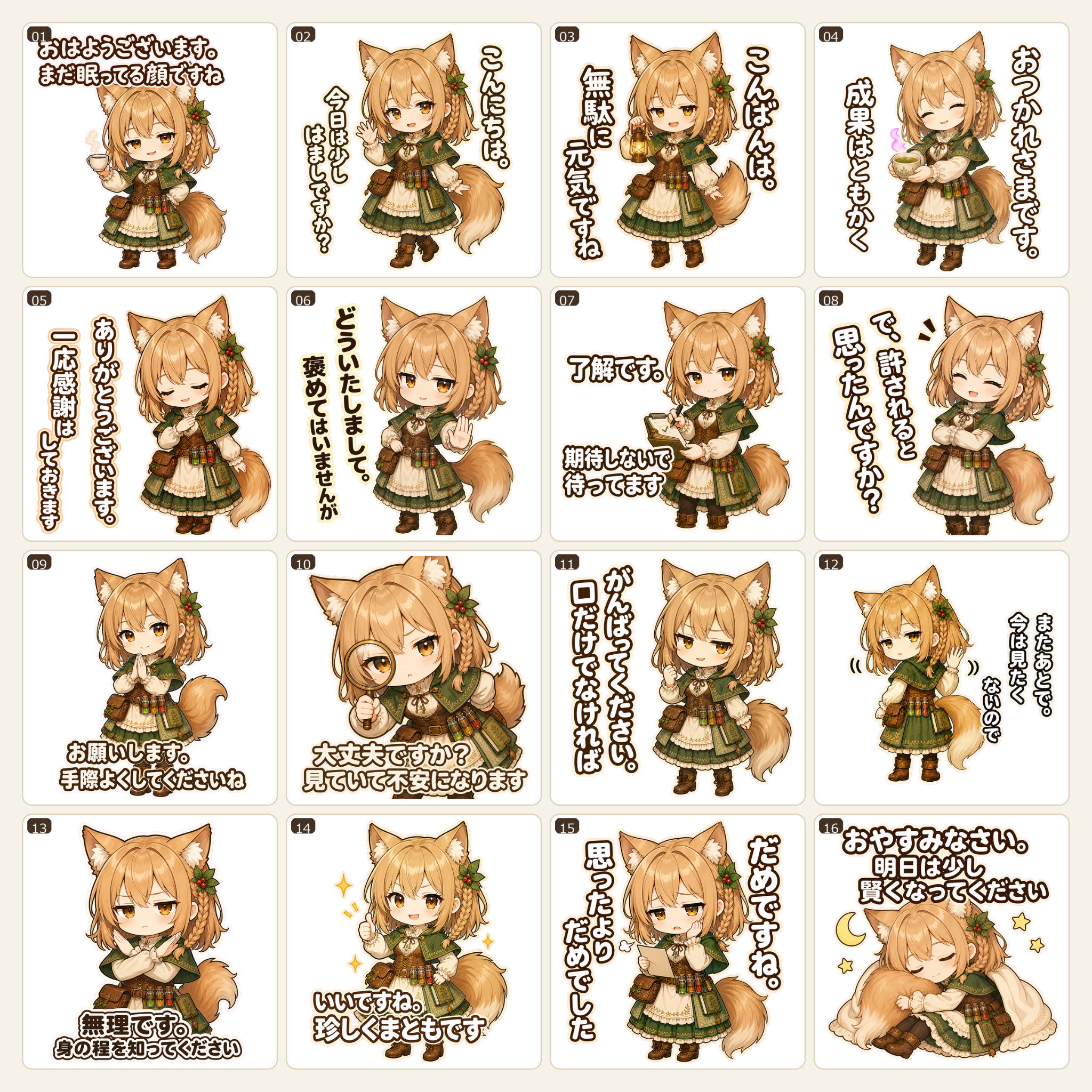 木ノ葉ゆら Ver.1 全16種類のスタンプ見本